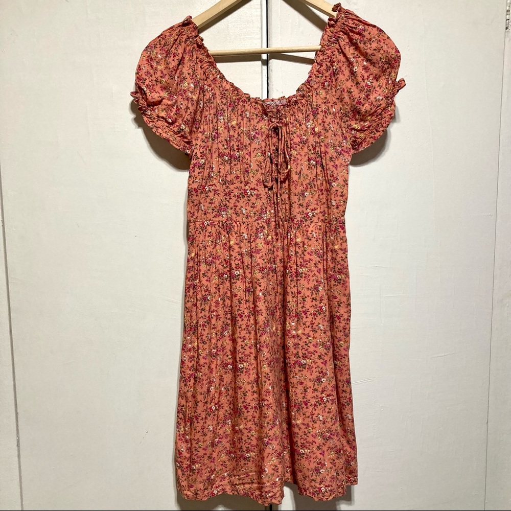 J. Crew Puff Sleeve Peasant Mini Dress in Soft Rayon, Peach Multi Floral, Size 2 - Picture 3 of 11